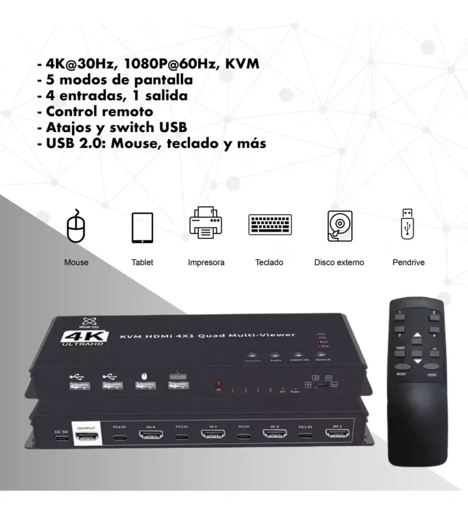 Switch KVM HDMI AltaNet KVM-4X1 4K 60Hz 4 Entradas - imagen 3