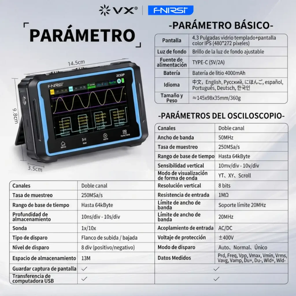 Osciloscopio 3 en 1 FNIRSI 2C53P 50 MHz 2 Canales - imagen 19