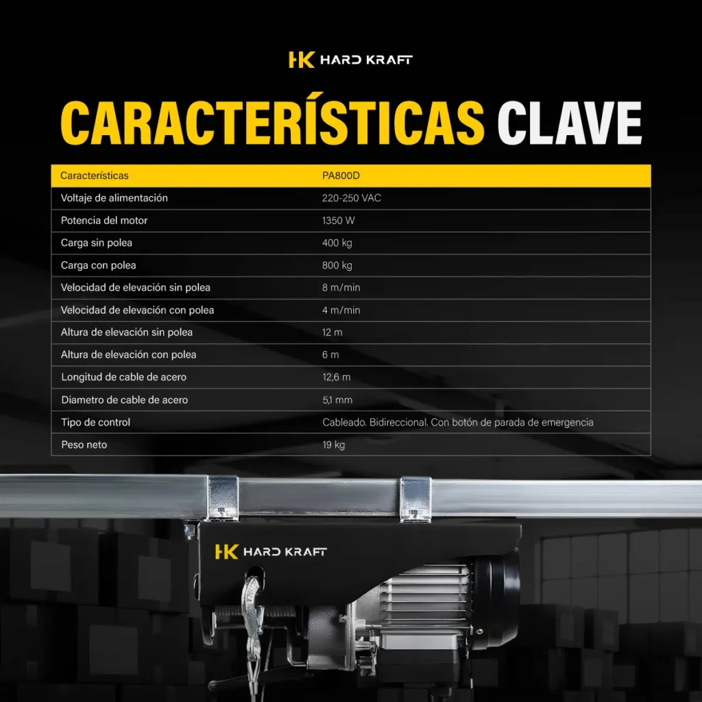 Aparejo Eléctrico Hardkraft HK-PA800D 800 kg 12 m - imagen 6