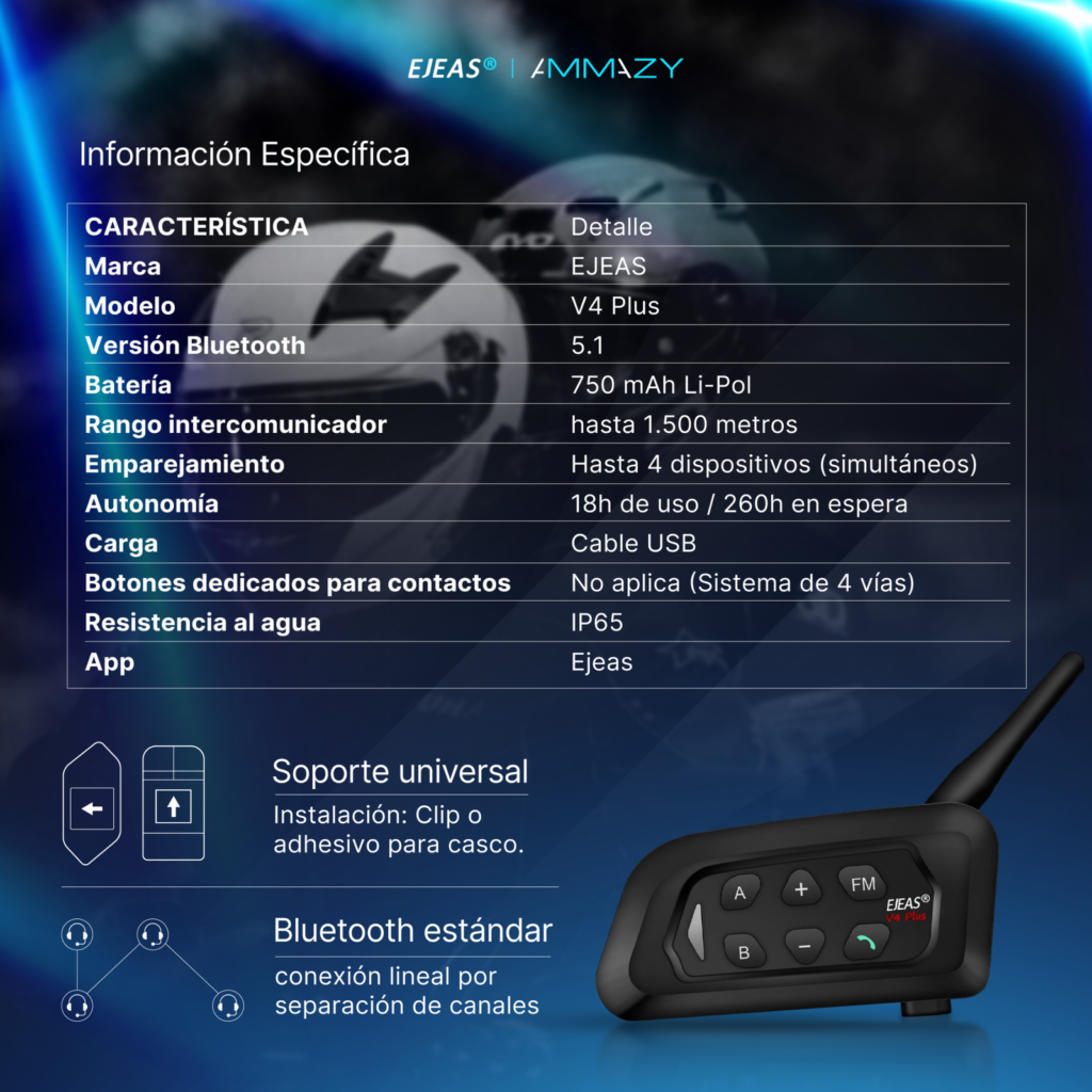 Intercomunicador Moto Ejeas V4 Plus Bluetooth - imagen 7