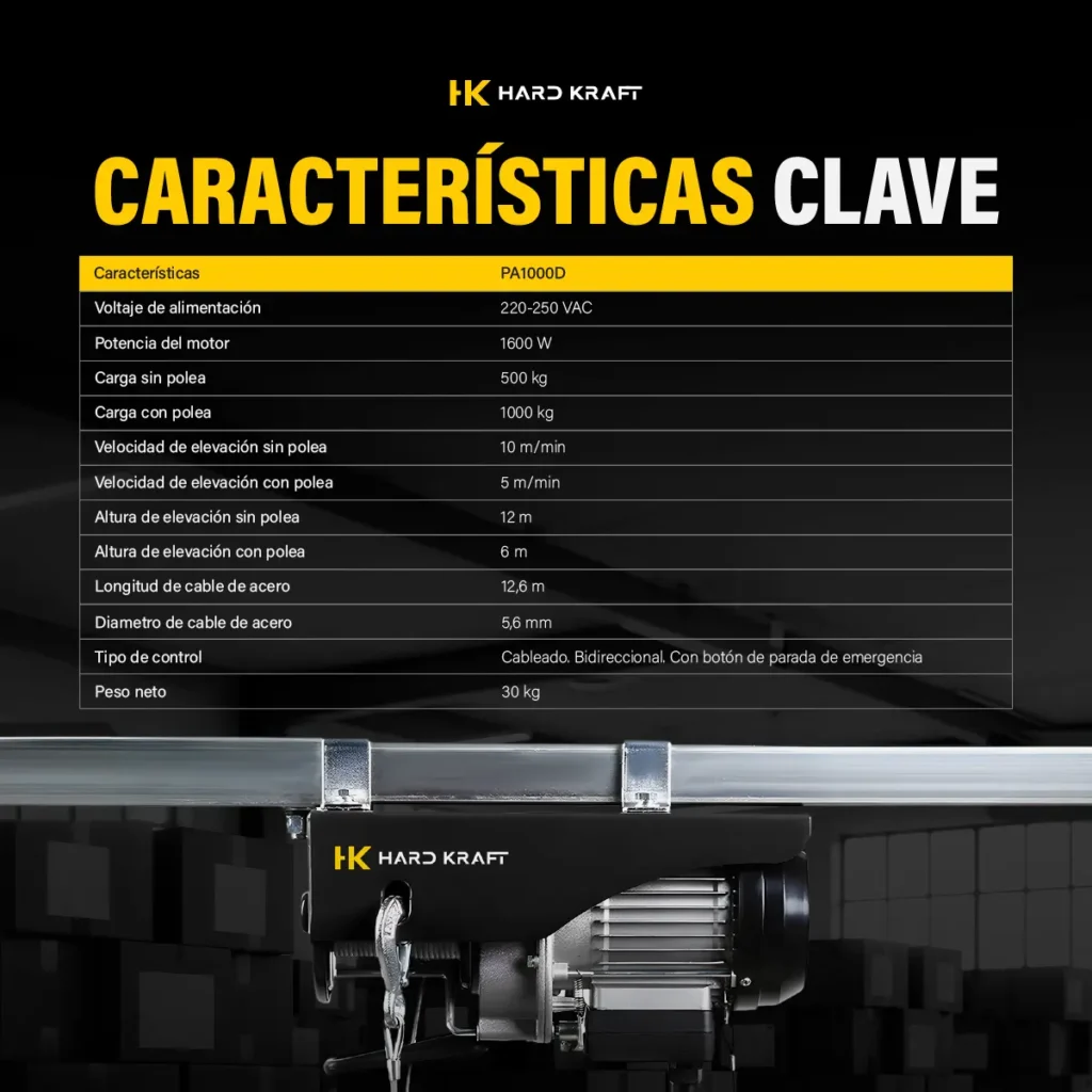 Aparejo Eléctrico Hardkraft HK-PA1000D 1000 kg 12 m - imagen 6