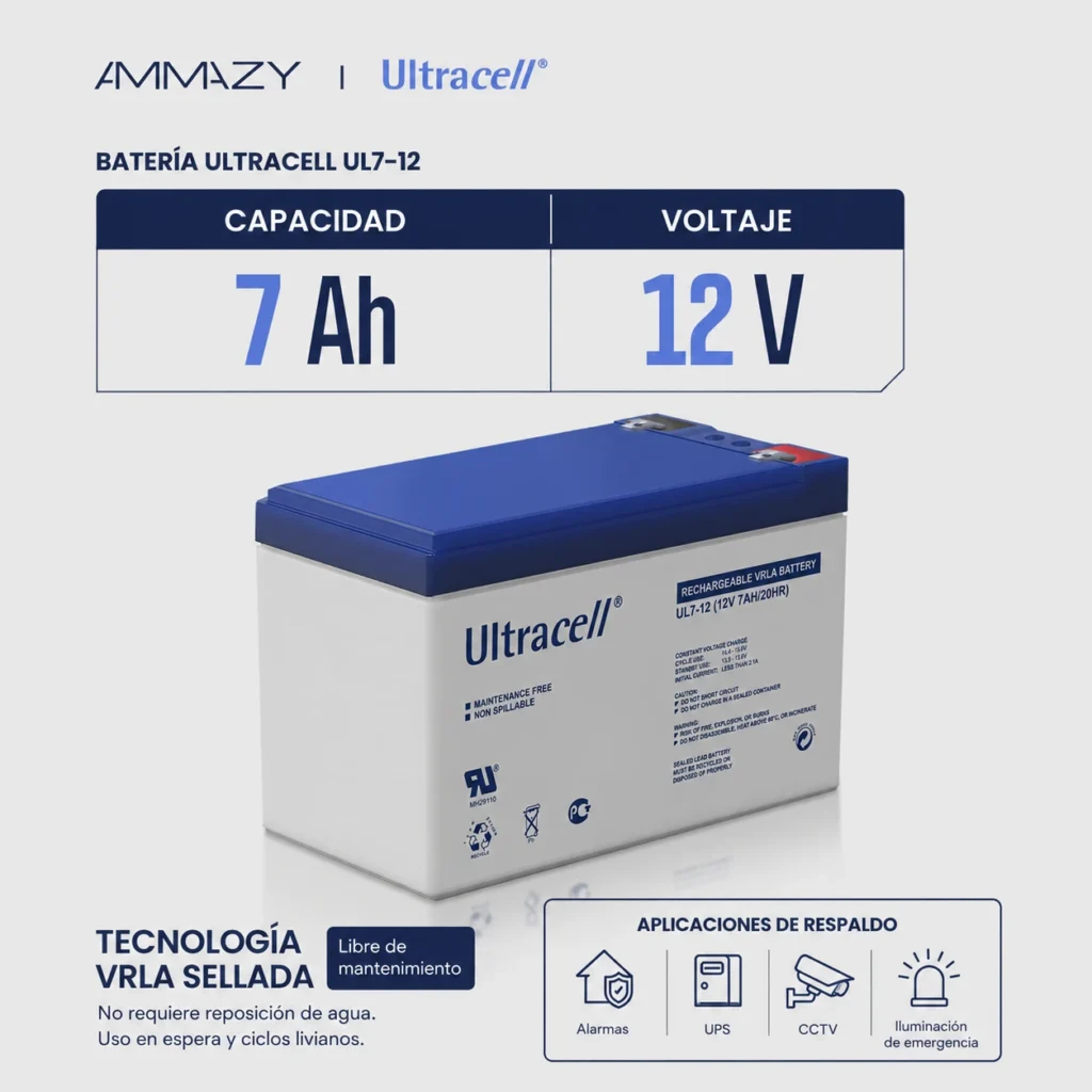 Batería VRLA Ultracell UL7-12 F1 7Ah 12V para UPS y Alarmas - imagen 3